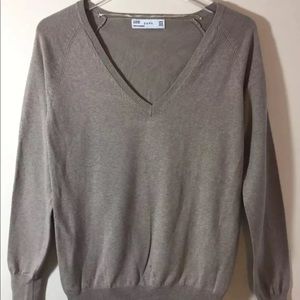 Zara Women V Neck Sweater Beige XL Cotton Blend Long Sleeve